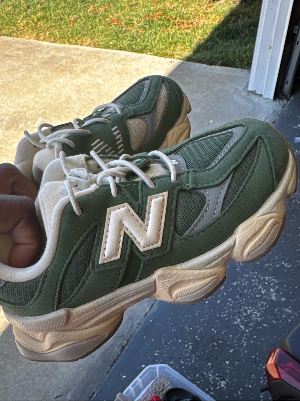 New Balance Kids Green and Cream Mesh Suede Sneakers